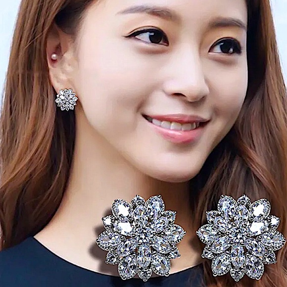 Sterling Silver 5CT Cubic Zircon Flower Snow Crystal Diamond Stud Earrings - Picture 2 of 13